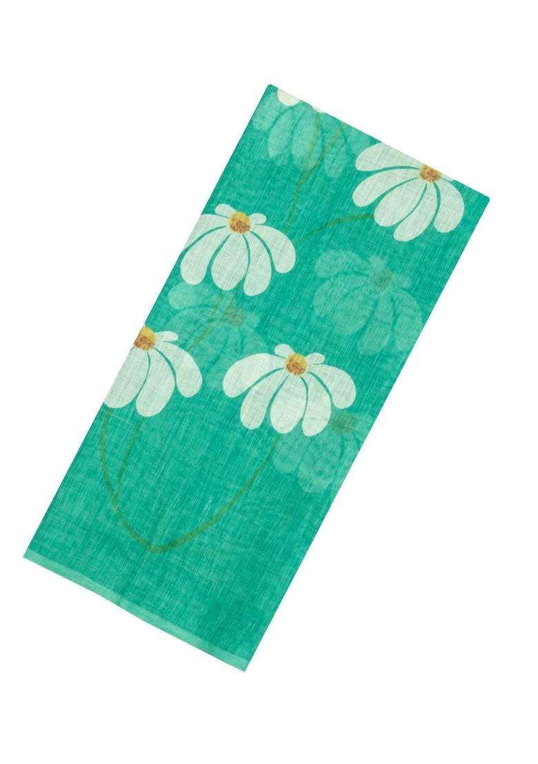 Aquamarine Printed Synthetic Linen Saree With Floral Motifs For Women - Indya