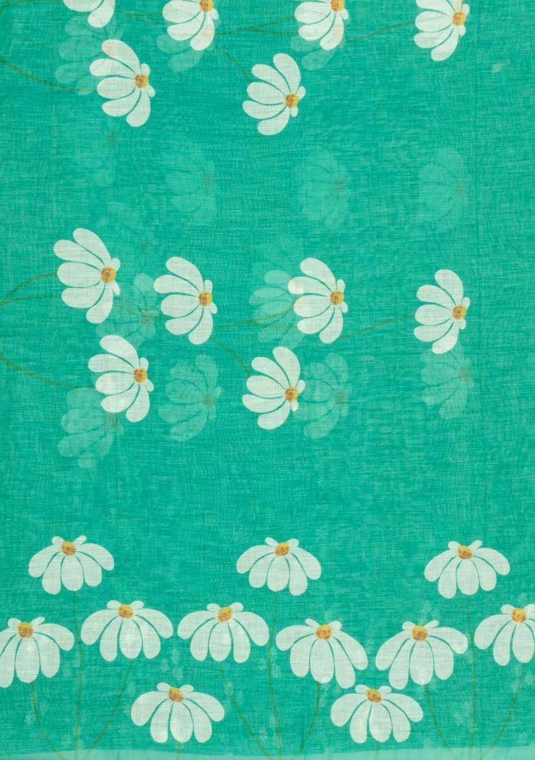 Aquamarine Printed Synthetic Linen Saree With Floral Motifs For Women - Indya