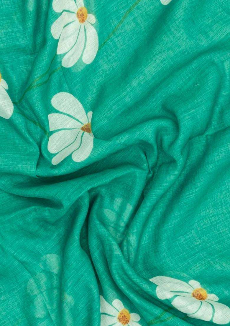 Aquamarine Printed Synthetic Linen Saree With Floral Motifs For Women - Indya