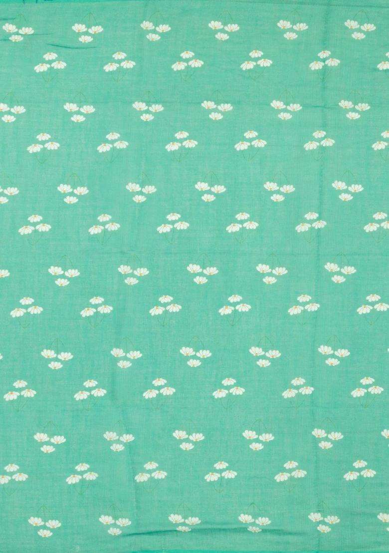 Aquamarine Printed Synthetic Linen Saree With Floral Motifs For Women - Indya