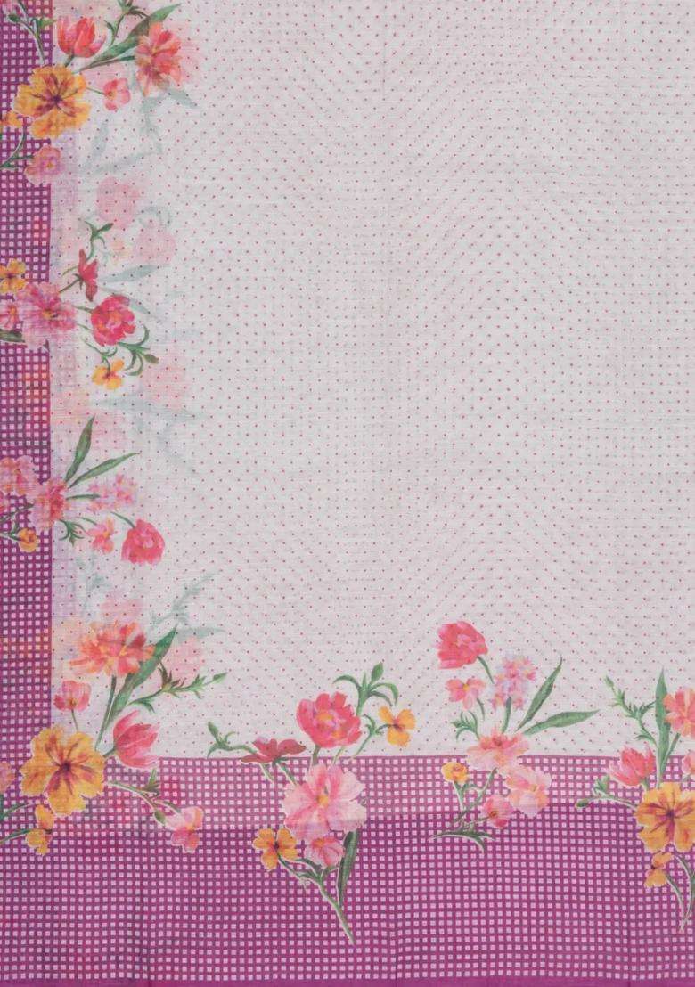 Lilac Printed Synthetic Linen Saree With Floral Motifs For Women - Indya