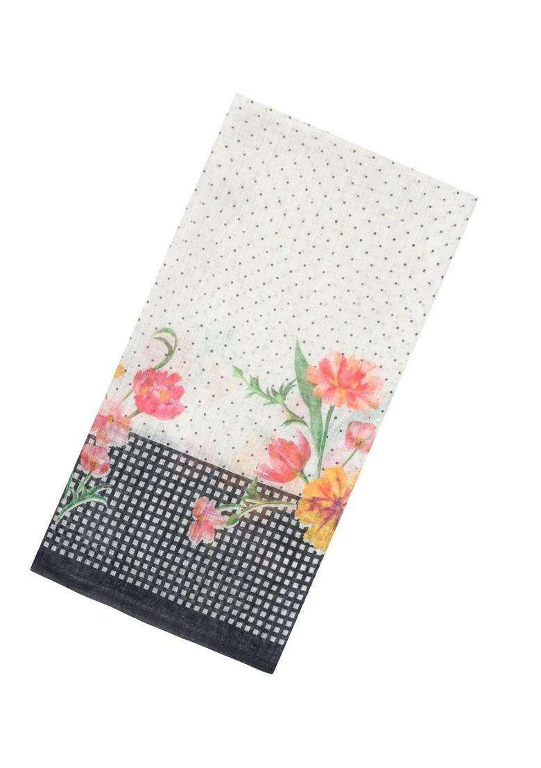 Black Printed Synthetic Linen Saree With Floral Motifs For Women - Indya