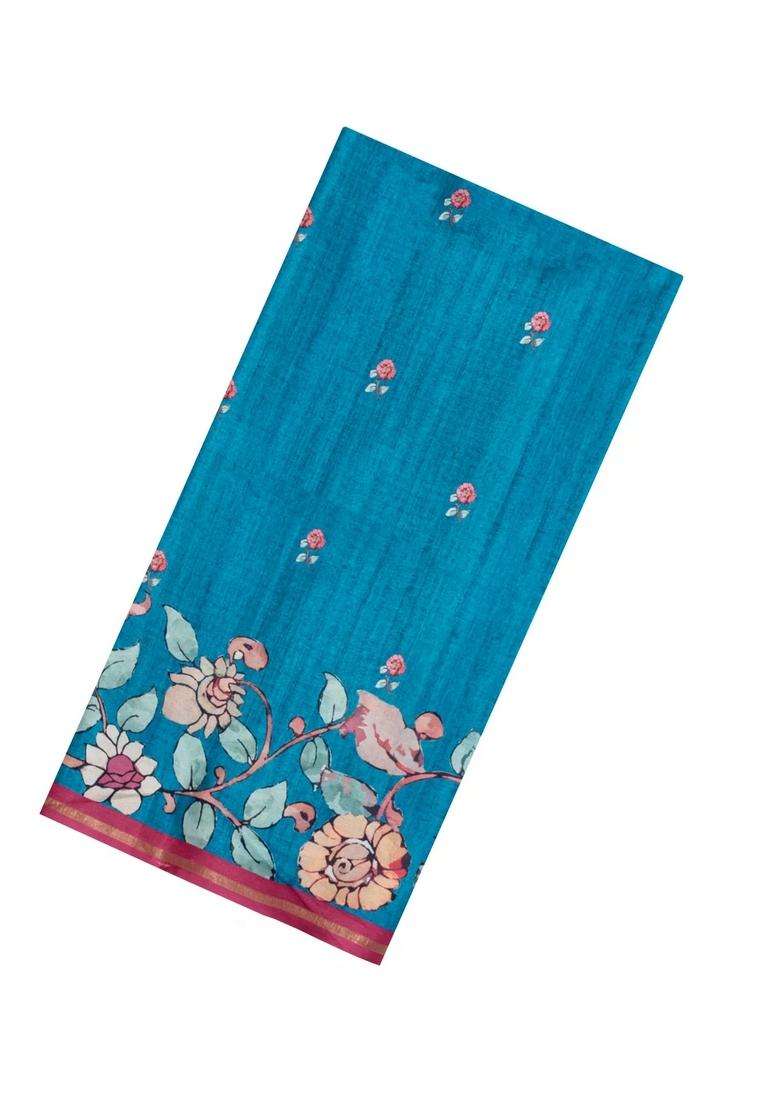 Sky Blue Printed Synthetic Tussar Silk Saree With Zari Border For Women - Indya