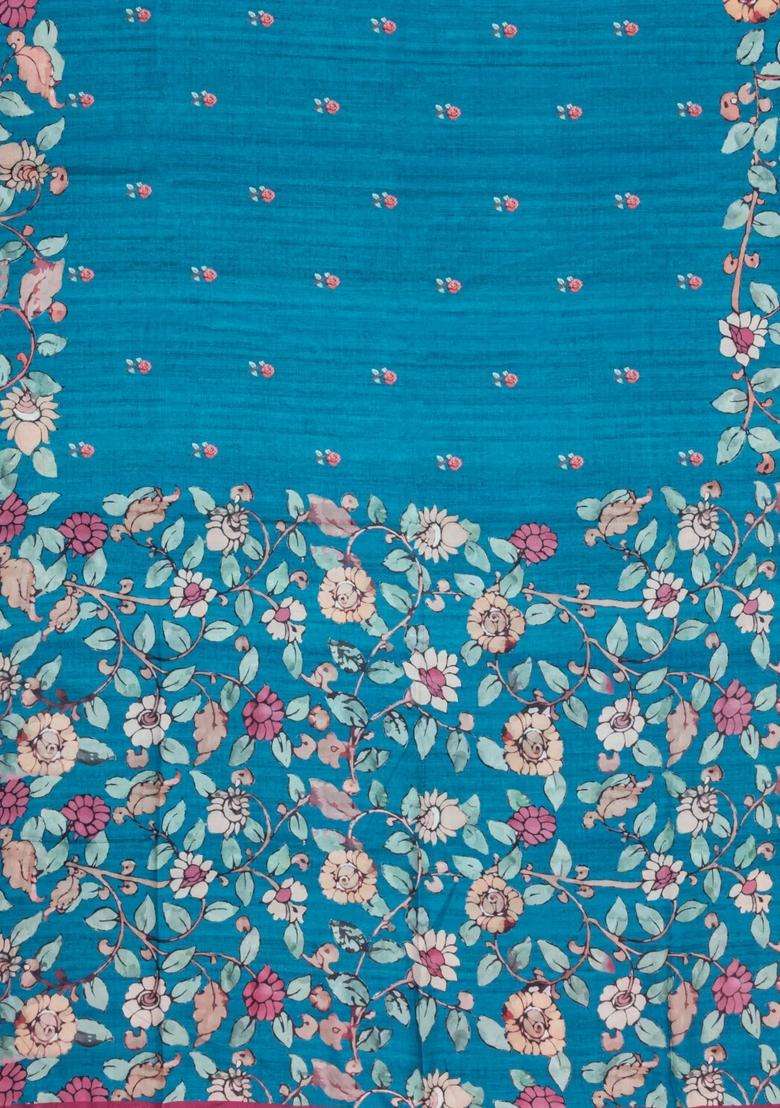 Sky Blue Printed Synthetic Tussar Silk Saree With Zari Border For Women - Indya