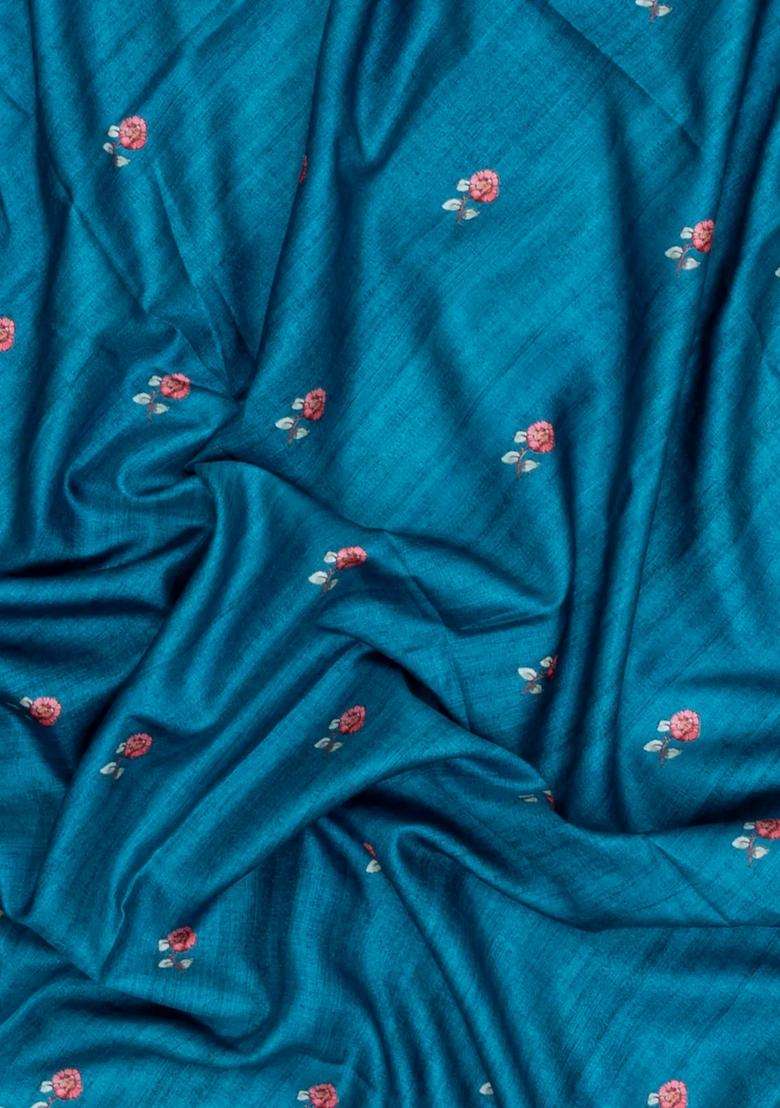 Sky Blue Printed Synthetic Tussar Silk Saree With Zari Border For Women - Indya