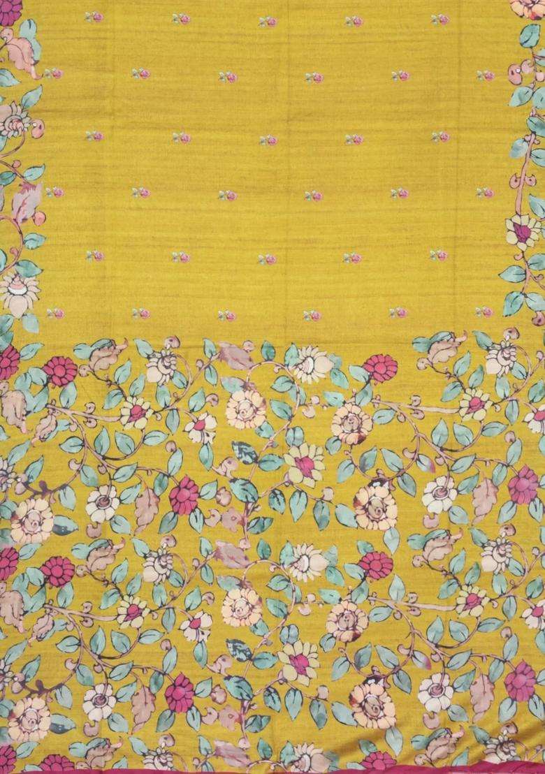 Mustard Printed Synthetic Tussar Silk Saree With Zari Border For Women - Indya