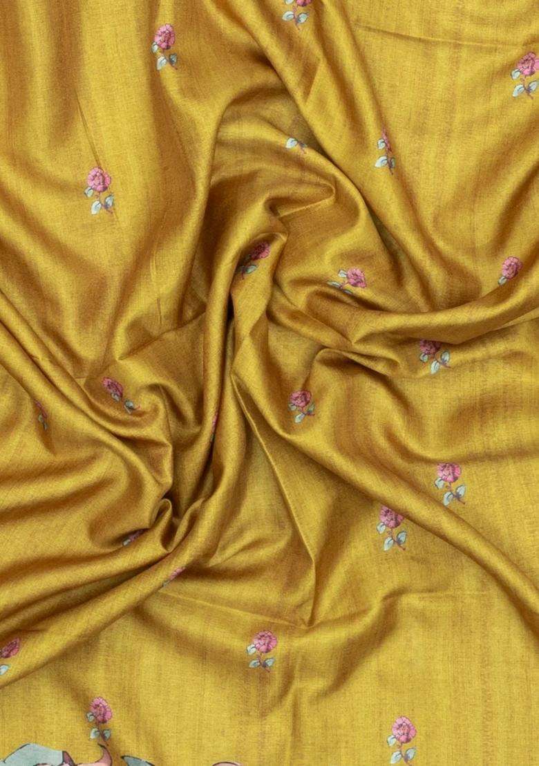 Mustard Printed Synthetic Tussar Silk Saree With Zari Border For Women - Indya