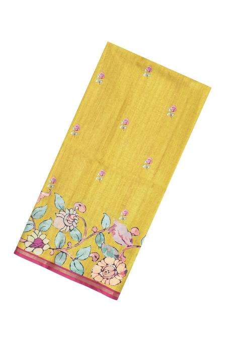 Mustard Printed Synthetic Tussar Silk Saree With Zari Border For Women