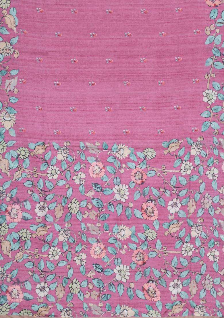 Dusty Pink Printed Synthetic Tussar Silk Saree With Zari Border For Women - Indya