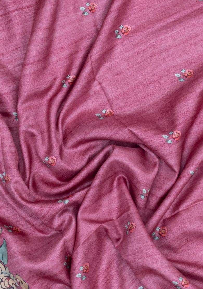 Dusty Pink Printed Synthetic Tussar Silk Saree With Zari Border For Women - Indya