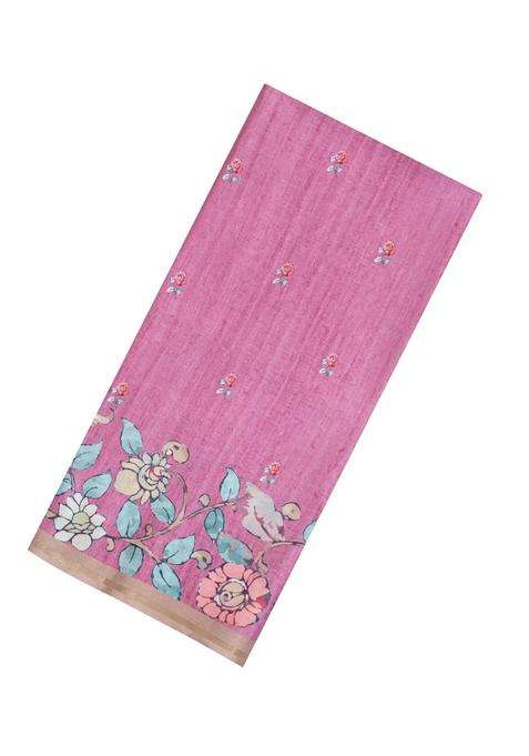 Dusty Pink Printed Synthetic Tussar Silk Saree With Zari Border For Women