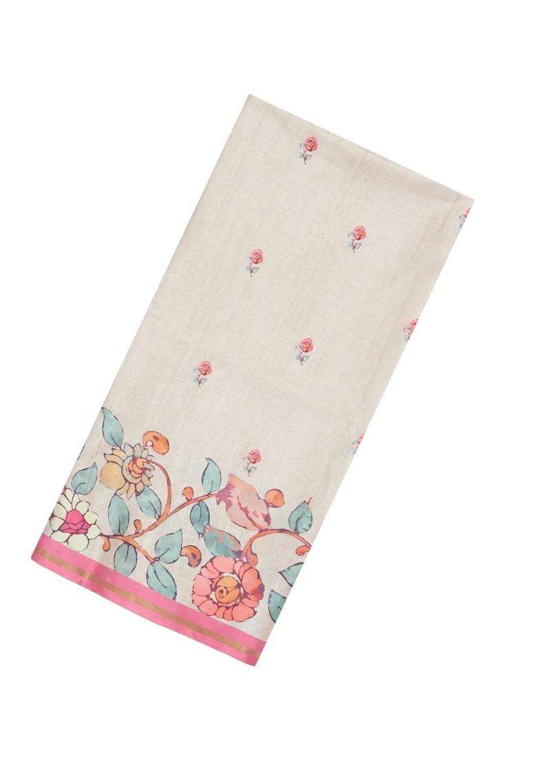 White Printed Synthetic Tussar Silk Saree With Zari Border For Women - Indya