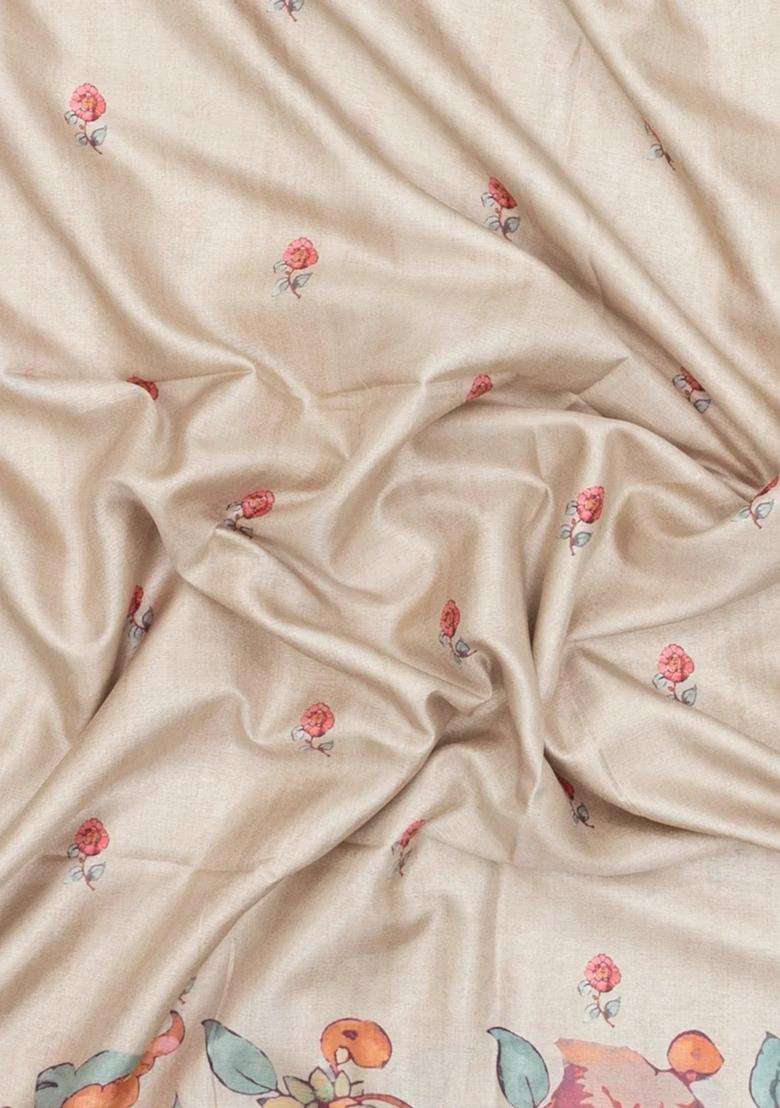 White Printed Synthetic Tussar Silk Saree With Zari Border For Women - Indya