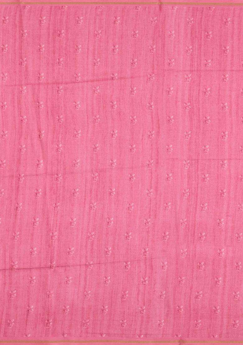 White Printed Synthetic Tussar Silk Saree With Zari Border For Women - Indya