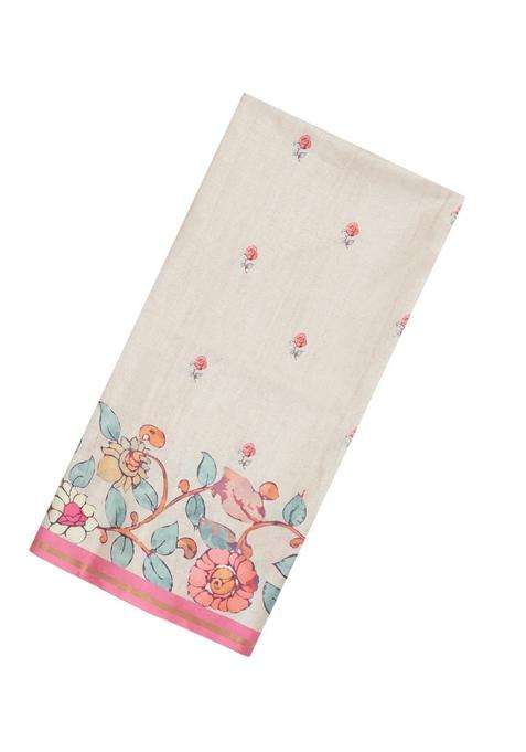 White Printed Synthetic Tussar Silk Saree With Zari Border For Women