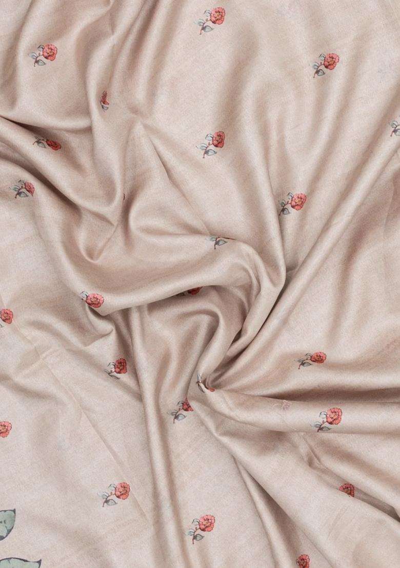 Taupe Printed Synthetic Tussar Silk Saree With Zari Border For Women - Indya