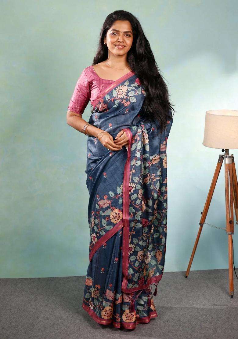 Indigo Printed Synthetic Tussar Silk Saree With Zari Border For Women - Indya