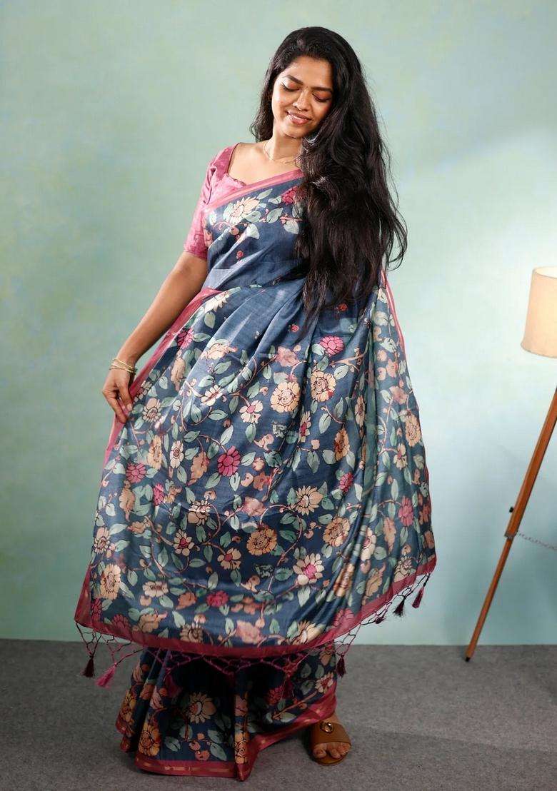 Indigo Printed Synthetic Tussar Silk Saree With Zari Border For Women - Indya