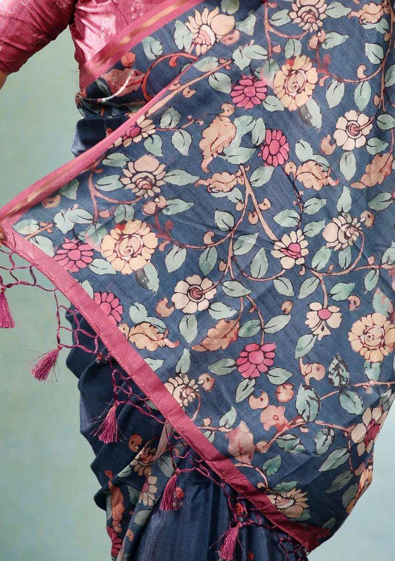 Indigo Printed Synthetic Tussar Silk Saree With Zari Border For Women - Indya