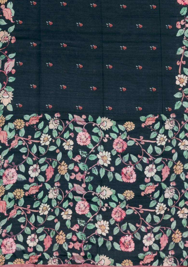 Black Printed Synthetic Tussar Silk Saree With Zari Border For Women - Indya