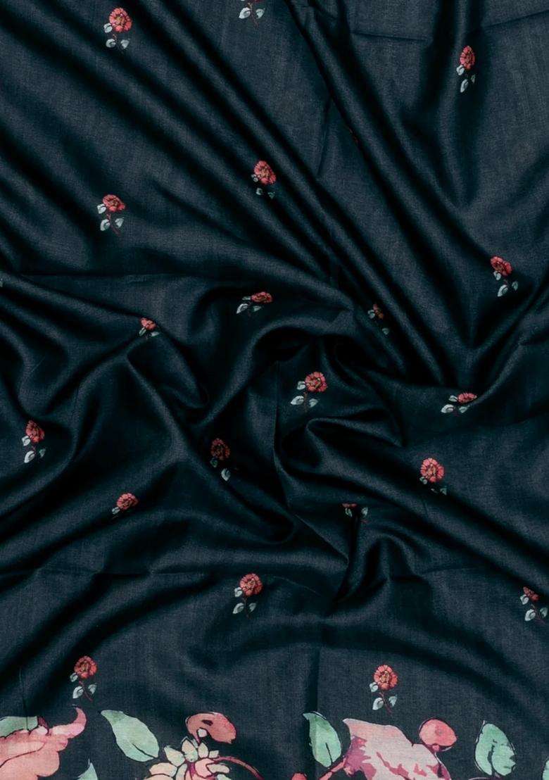 Black Printed Synthetic Tussar Silk Saree With Zari Border For Women - Indya