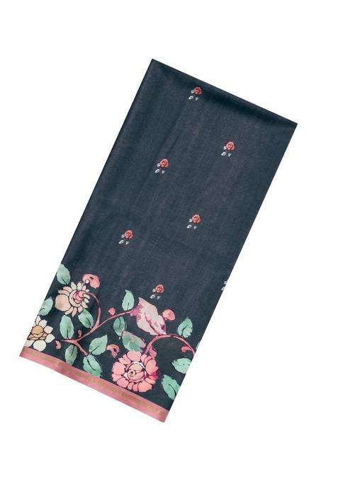 Black Printed Synthetic Tussar Silk Saree With Zari Border For Women