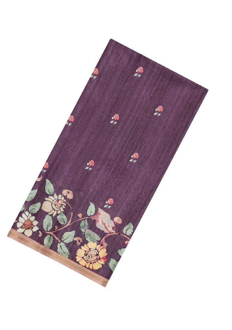 Burgundy Printed Synthetic Tussar Silk Saree With Zari Border For Women - Indya