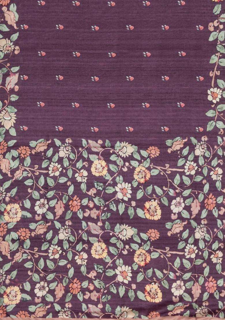 Burgundy Printed Synthetic Tussar Silk Saree With Zari Border For Women - Indya