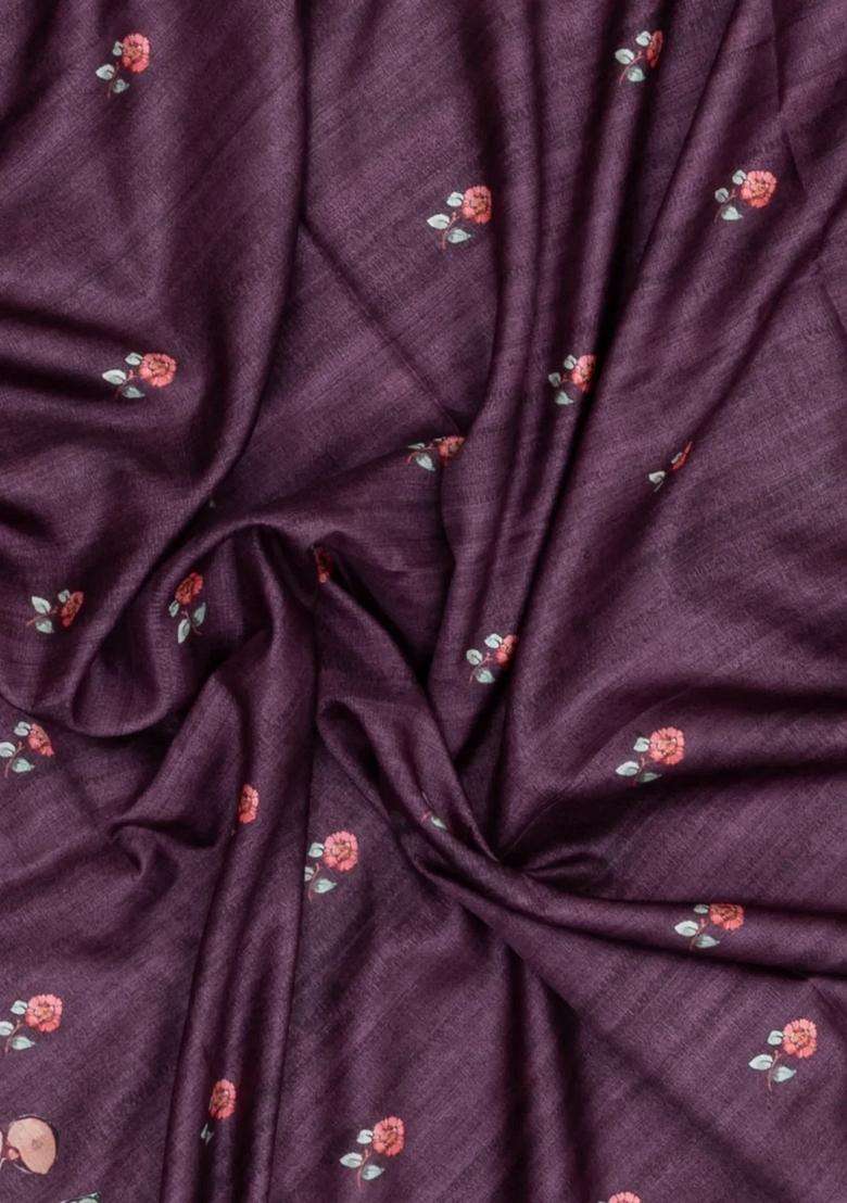 Burgundy Printed Synthetic Tussar Silk Saree With Zari Border For Women - Indya