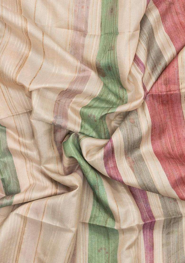Multi Colour Printed Synthetic Tussar Silk Saree With Zari Border For Women - Indya