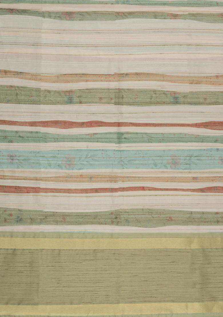 Multi Colour Printed Synthetic Tussar Silk Saree With Zari Border For Women - Indya