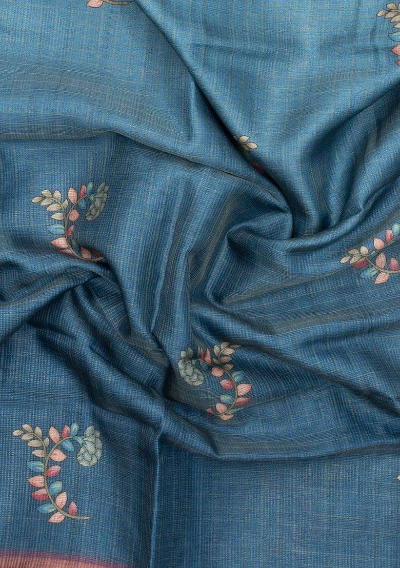 Blue Printed Synthetic Dola Silk Saree With Zari Stripes Border For Women - Indya