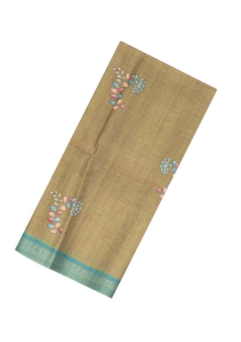 Olive Green Printed Synthetic Dola Silk Saree With Zari Stripes Border For Women - Indya