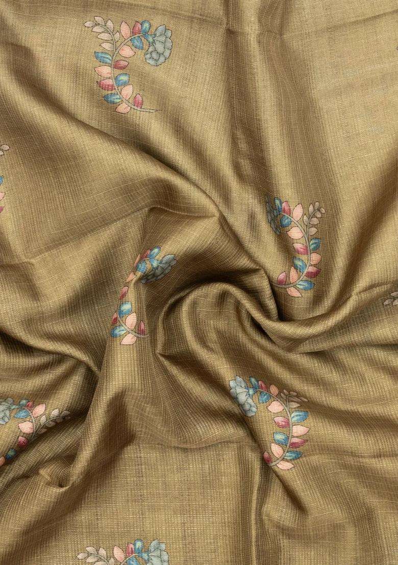 Olive Green Printed Synthetic Dola Silk Saree With Zari Stripes Border For Women - Indya