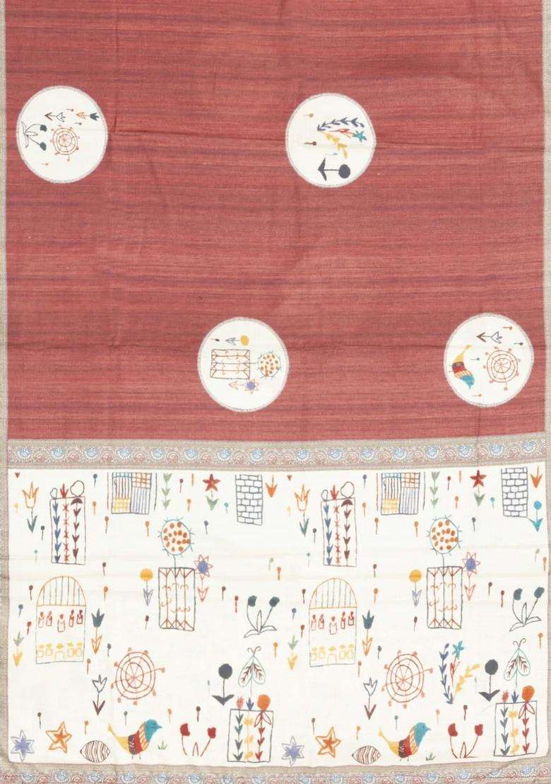 Dusty Peach Printed Synthetic Tussar Silk Saree With Zari Border For Women - Indya