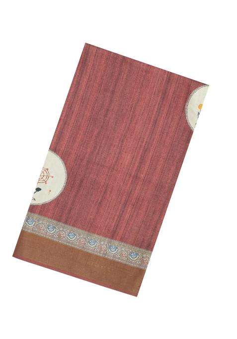 Dusty Peach Printed Synthetic Tussar Silk Saree With Zari Border For Women