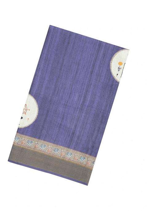 Lavander Lavender Printed Synthetic Tussar Silk Saree With Zari Border For Women