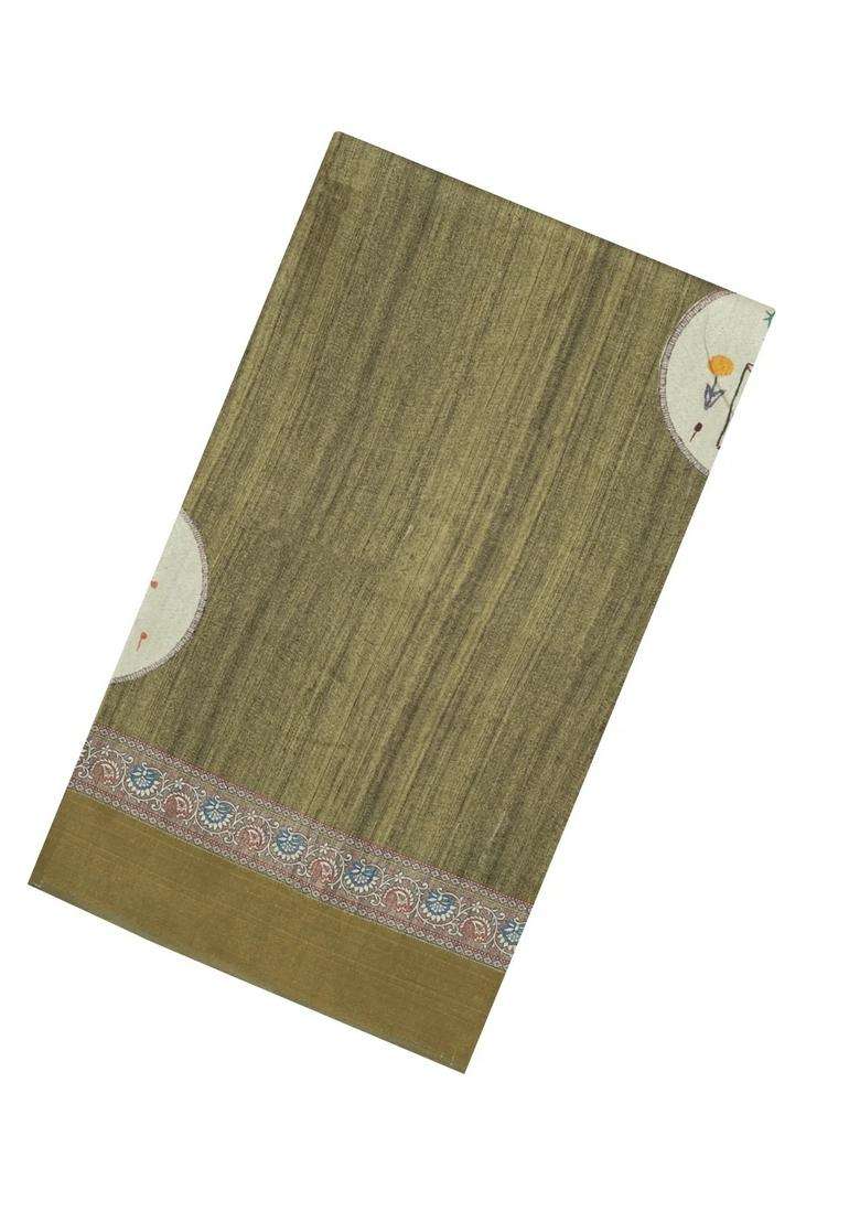 Olive Green Printed Synthetic Tussar Silk Saree With Zari Border For Women - Indya