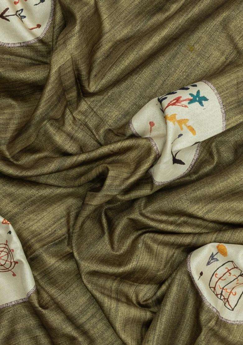 Olive Green Printed Synthetic Tussar Silk Saree With Zari Border For Women - Indya