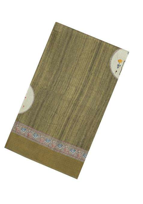 Olive Green Printed Synthetic Tussar Silk Saree With Zari Border For Women