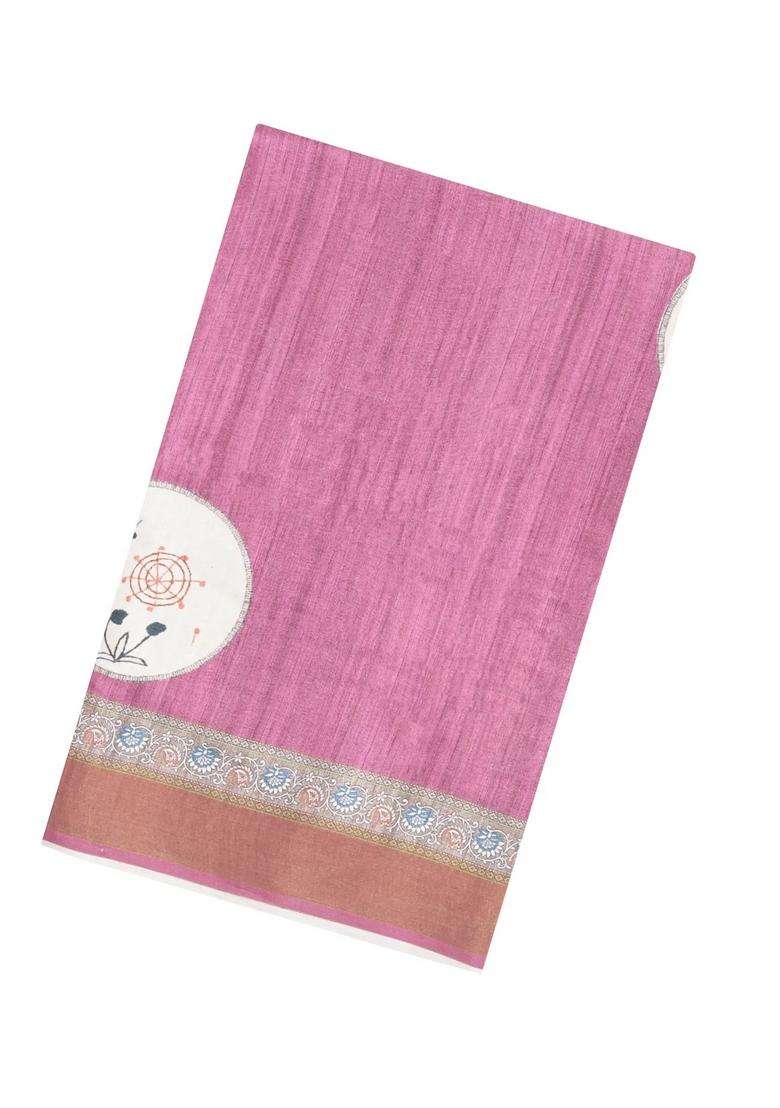 Pink Printed Synthetic Tussar Silk Saree With Zari Border For Women - Indya