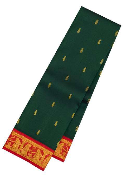 Dark Green Handloom Korvai Kanchipuram Silk Saree With Lord Ram Motifs With Korvai And Temple Border Design For Women