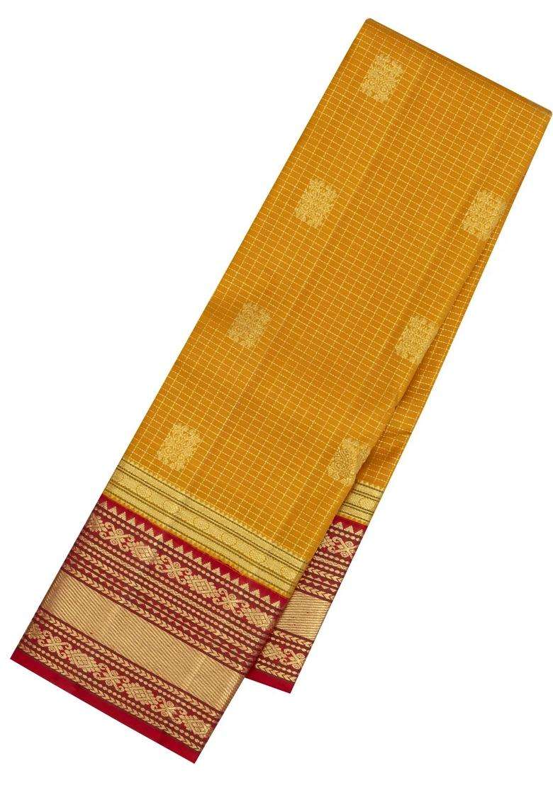 Mustard Handloom Korvai Kanchipuram Silk Saree With Checks Buttas With Korvai And Temple Border Design For Women - Indya