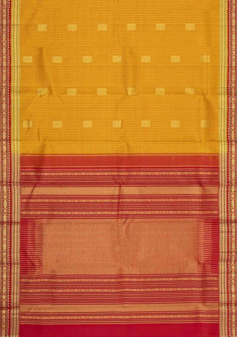 Mustard Handloom Korvai Kanchipuram Silk Saree With Checks Buttas With Korvai And Temple Border Design For Women - Indya