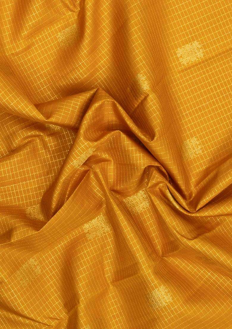 Mustard Handloom Korvai Kanchipuram Silk Saree With Checks Buttas With Korvai And Temple Border Design For Women - Indya