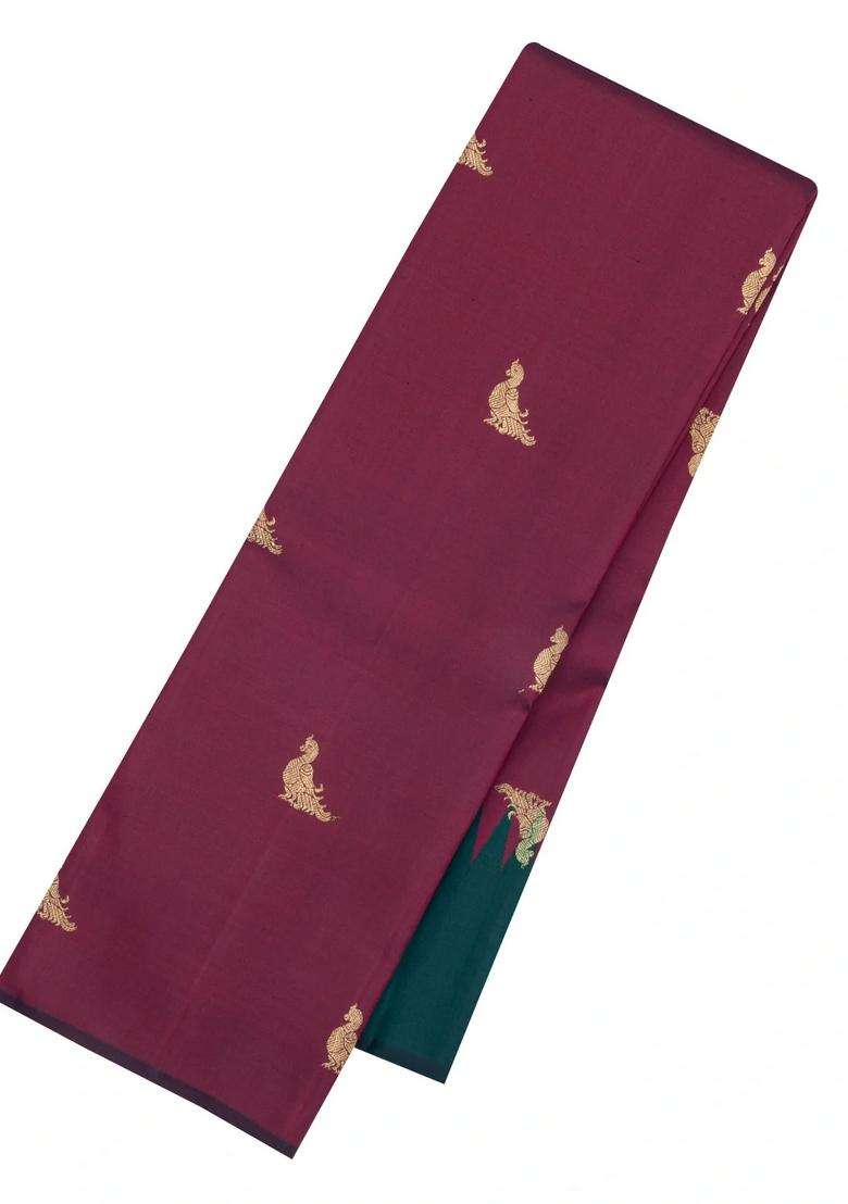 Bottle Green Crimson Handloom Korvai Kanchipuram Rising Border Silk Saree With Korvai And Temple Border Design For Women - Indya
