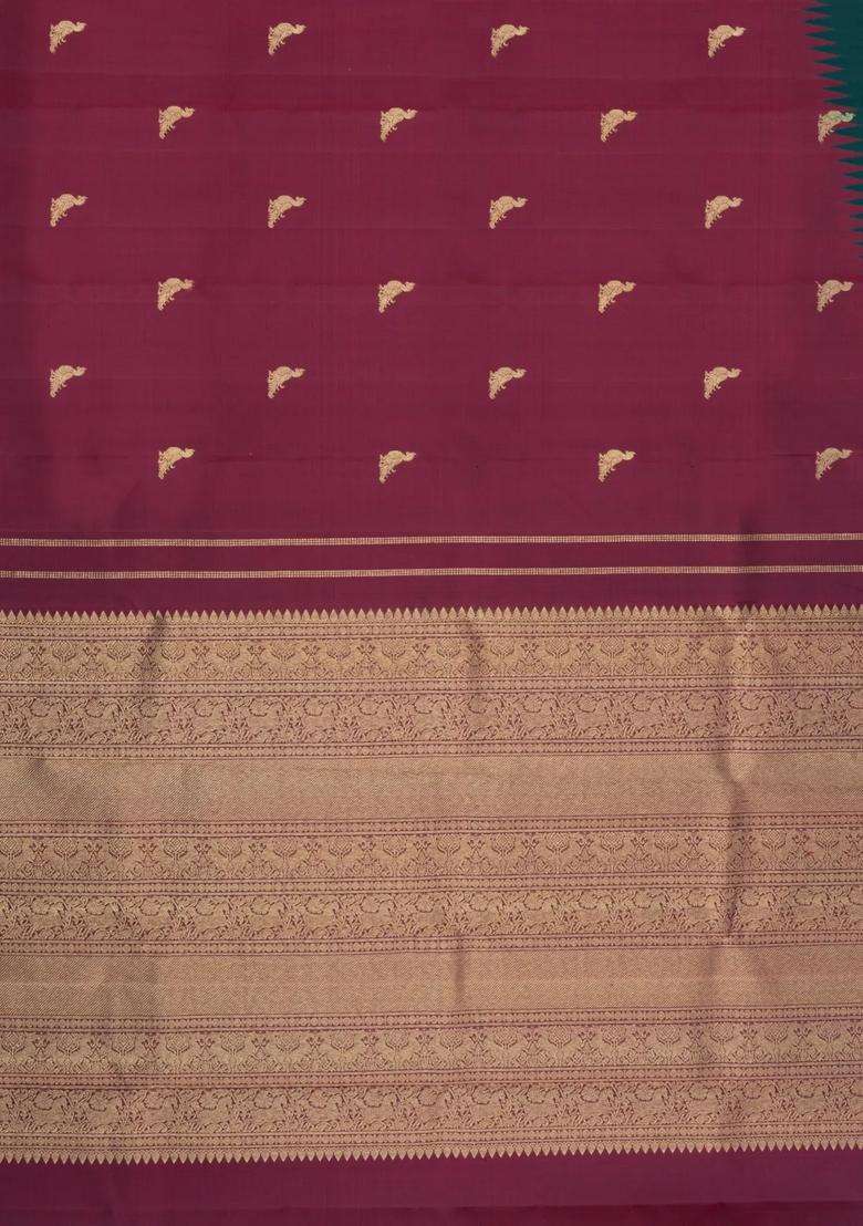 Bottle Green Crimson Handloom Korvai Kanchipuram Rising Border Silk Saree With Korvai And Temple Border Design For Women - Indya