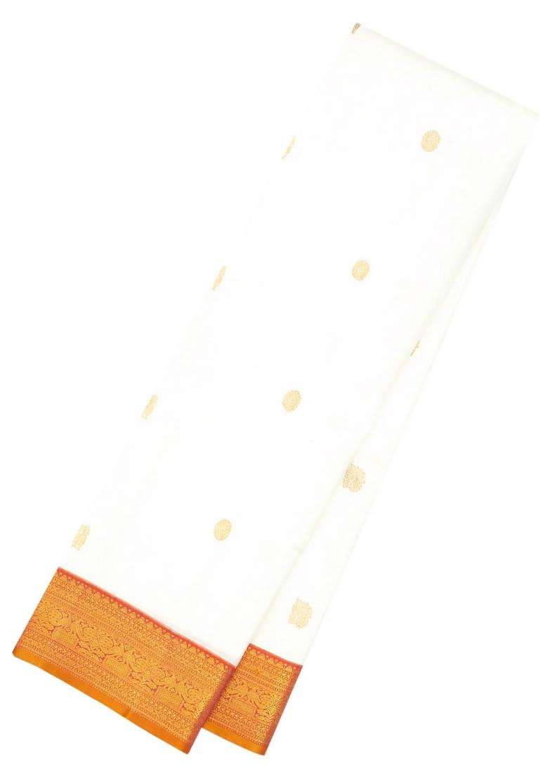 White Handloom Korvai Kanchipuram Silk Saree With Annam Buttas With Korvai And Temple Border Design For Women - Indya