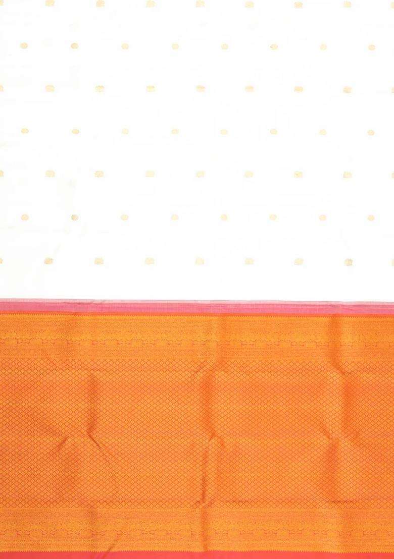 White Handloom Korvai Kanchipuram Silk Saree With Annam Buttas With Korvai And Temple Border Design For Women - Indya