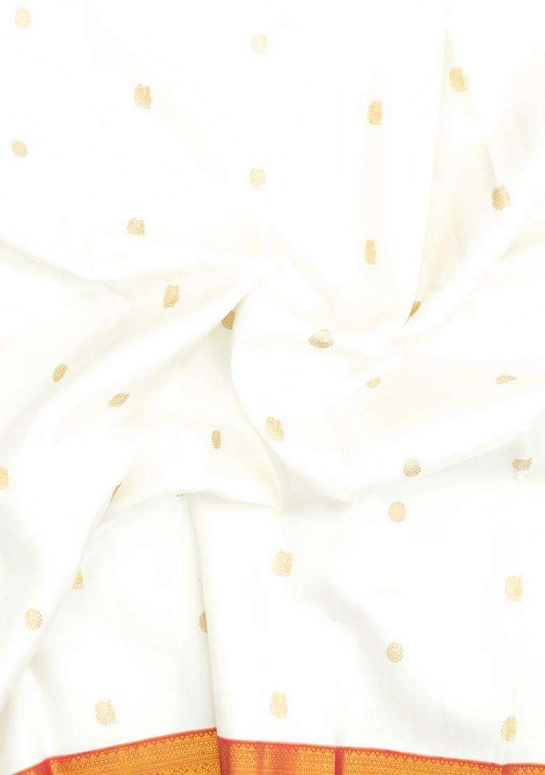 White Handloom Korvai Kanchipuram Silk Saree With Annam Buttas With Korvai And Temple Border Design For Women - Indya
